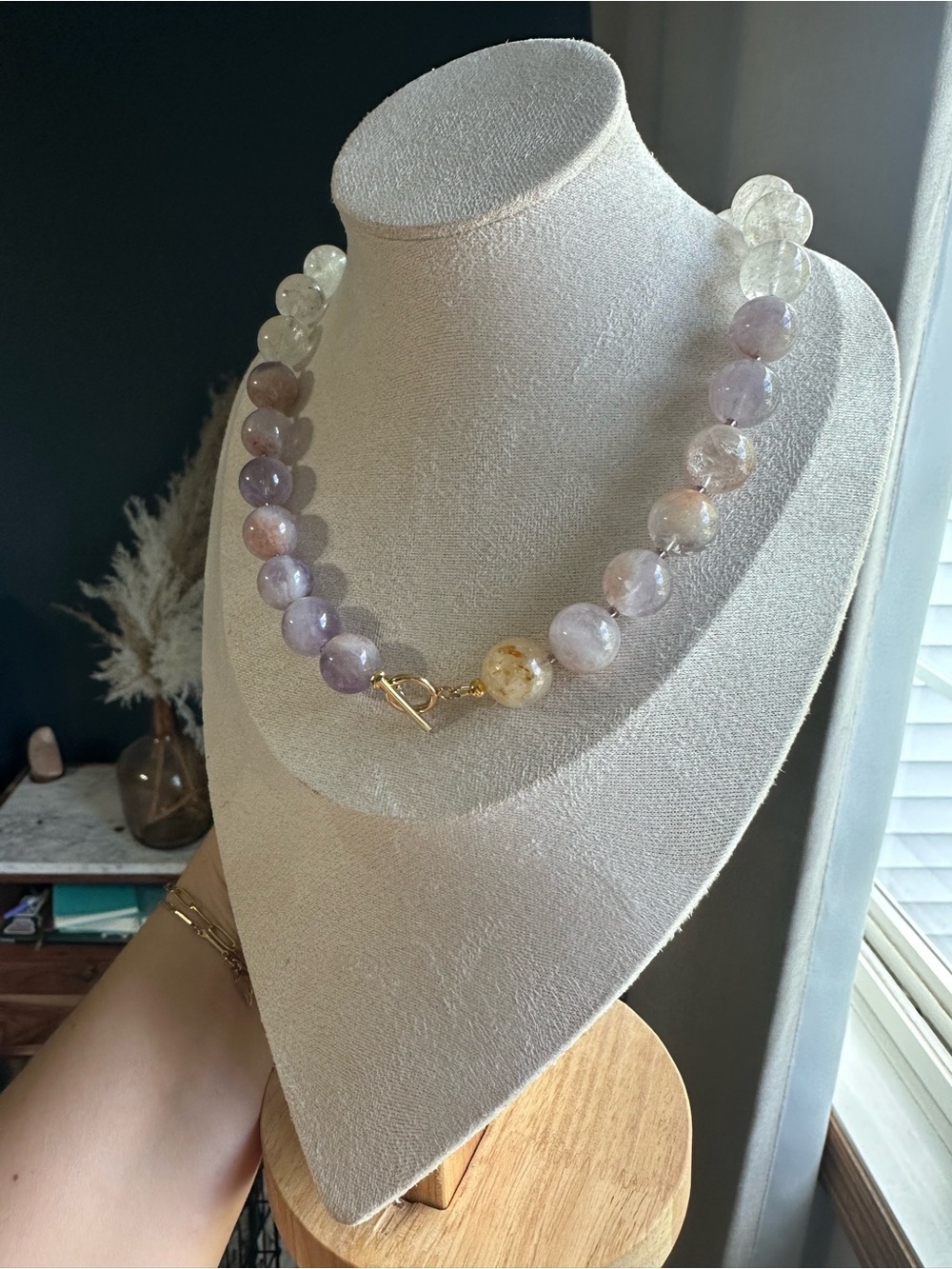 All Natural Amethyst & Clear Quartz Beaded Necklace with Gold Toggle - Picture 2 of 4